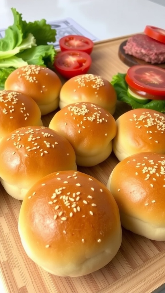 Freshly baked golden burger buns with sesame seeds on a cutting board, ready for burgers.